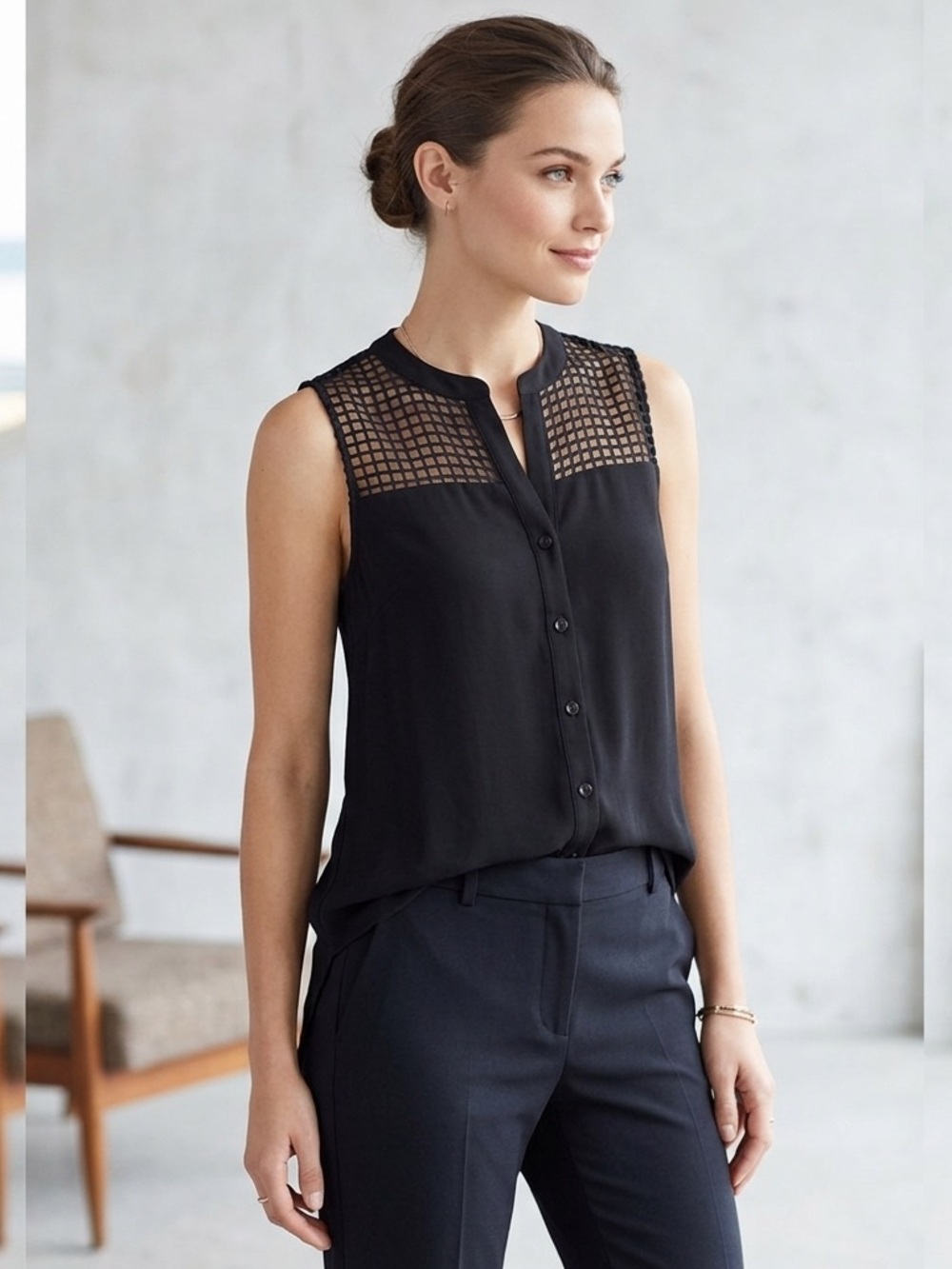 Pixley Black Sleeveless V Cut Mesh Lace Neckline Business Casual Office Blouse